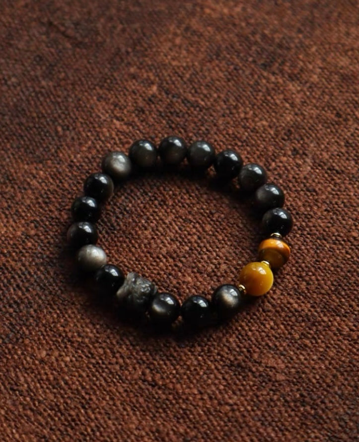 Wealth & Will Gold & Silver Sheen Obsidian Couple Bracelet - VOUTHAM