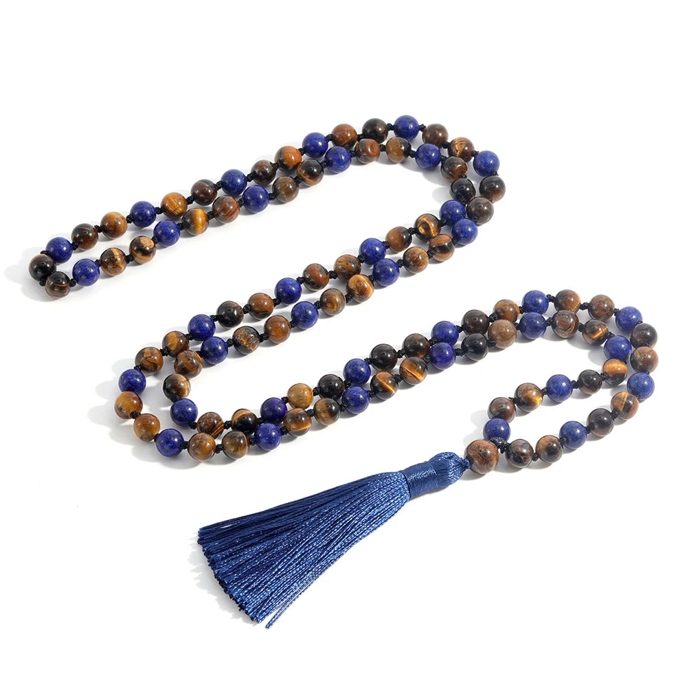 108CM Lapis Lazuli Yellow Tiger Eye Long Strand Beads Necklace,Knotted Mala Beaded Tassel Pendent Necklace