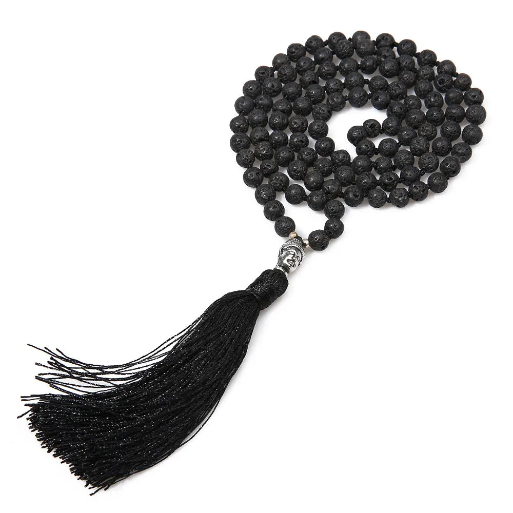 Handmade Black Lava Stone Long Tassel Pendants Buddha Necklace