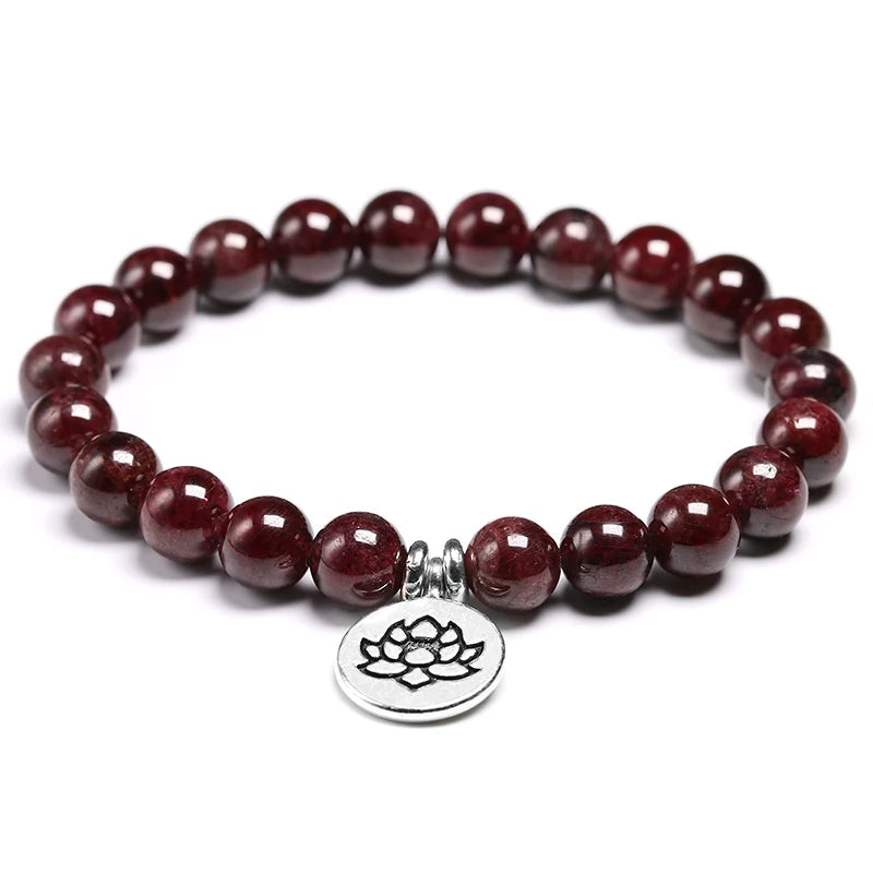 Natural Garnet Beaded Bracelet – 8mm Wine Red Stone Lucky Energy Jewelry for Yoga & Meditation