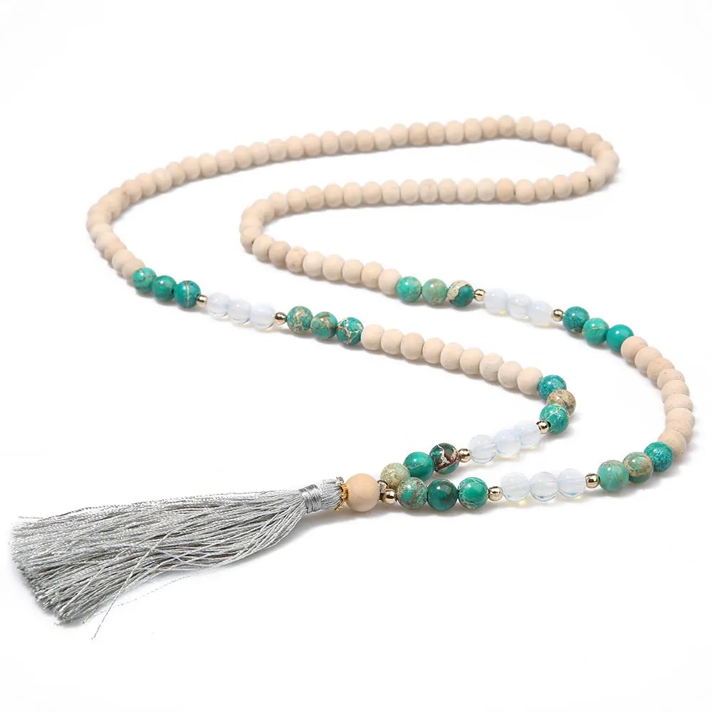 108CM Wooden Beads Emperor Stone Opal Beaded Meditation Tassel Necklace