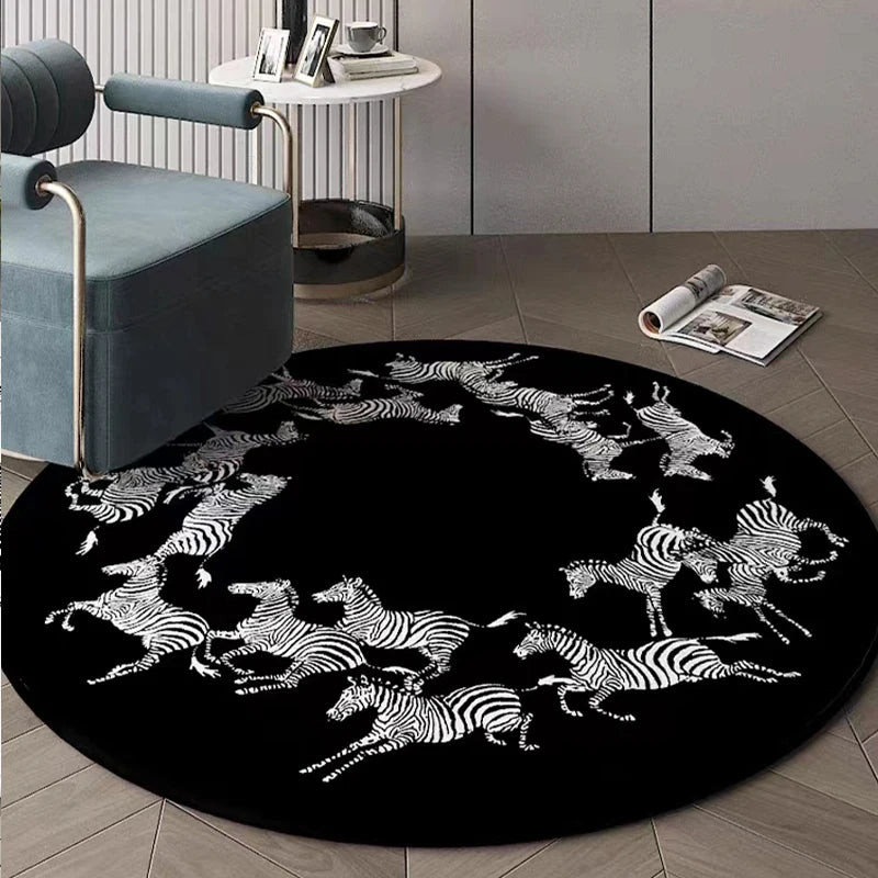 Black and White Tiger Round Carpet – Living Room Rug, Animal Art Mat for Home Decoration and Bedroom