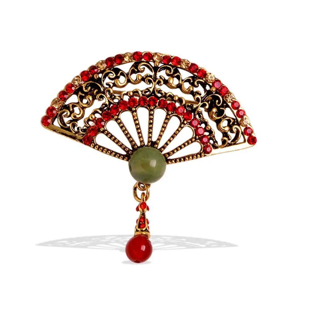 Rhinestone Fan Brooch – Elegant Ancient Style Alloy Jewelry, Vintage Accessory