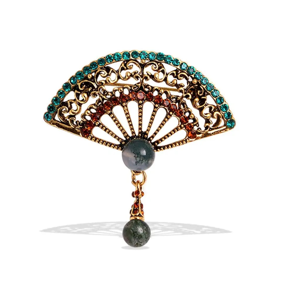 Rhinestone Fan Brooch – Elegant Ancient Style Alloy Jewelry, Vintage Accessory