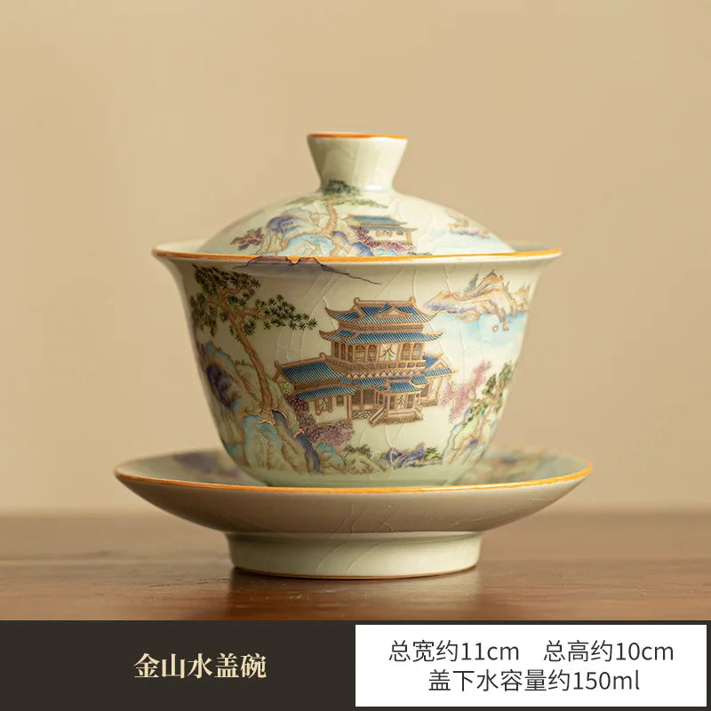 Handmade Ceramic Sancai Gaiwan – Chinese Tea Tureen, Kung Fu Tea Set with Master Cups & Color Enamel Pottery