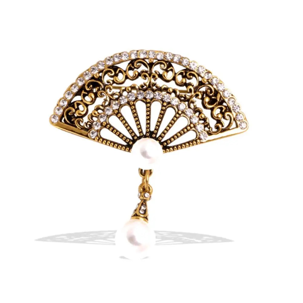 Rhinestone Fan Brooch – Elegant Ancient Style Alloy Jewelry, Vintage Accessory