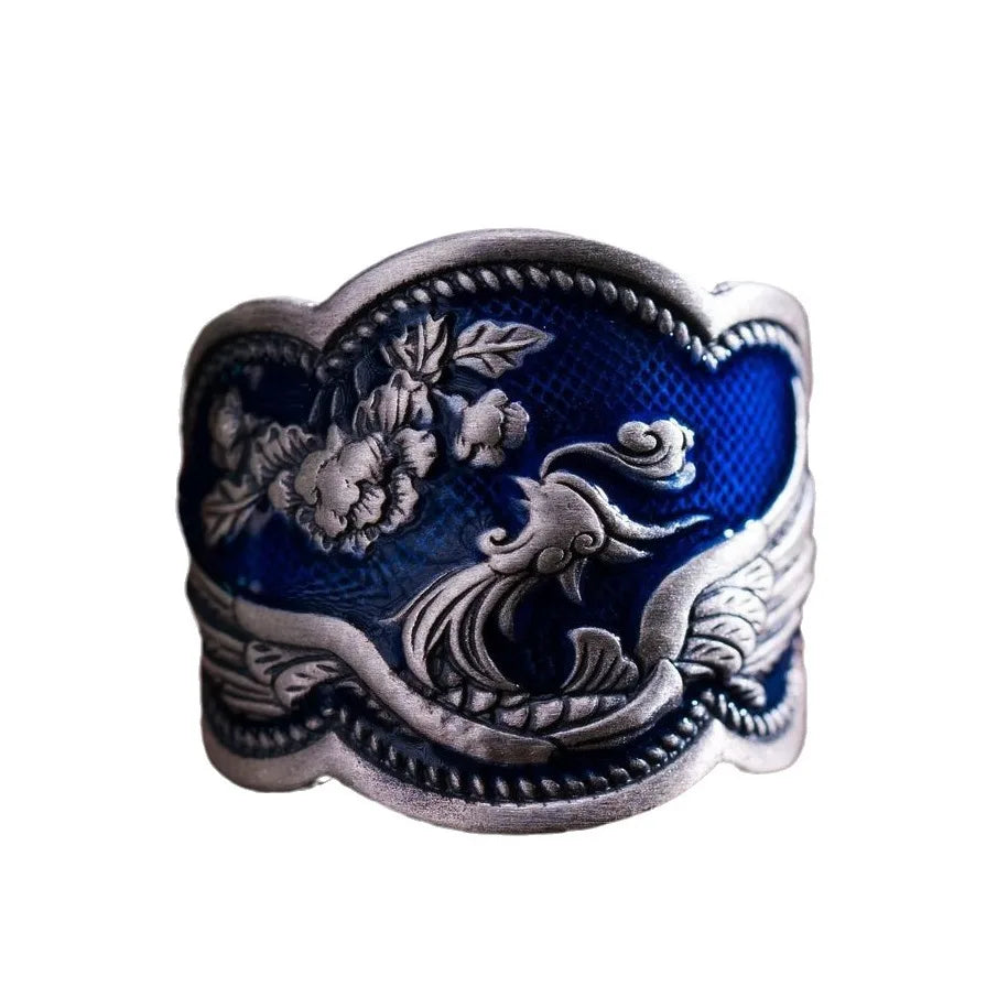 Chinese Style Blueing Peony Phoenix Adjustable Elegant Antique Ring