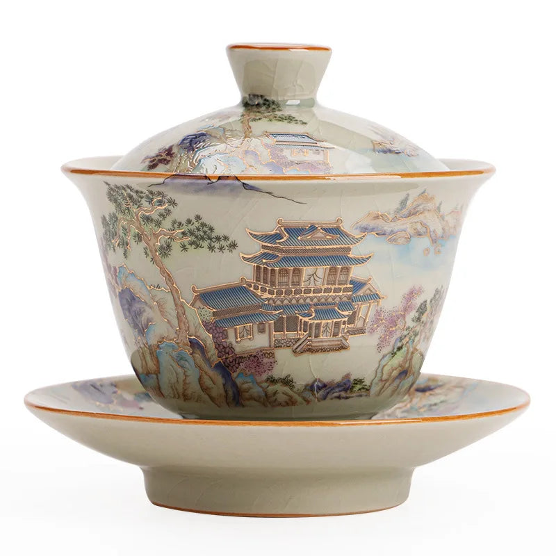 Handmade Ceramic Sancai Gaiwan – Chinese Tea Tureen, Kung Fu Tea Set with Master Cups & Color Enamel Pottery