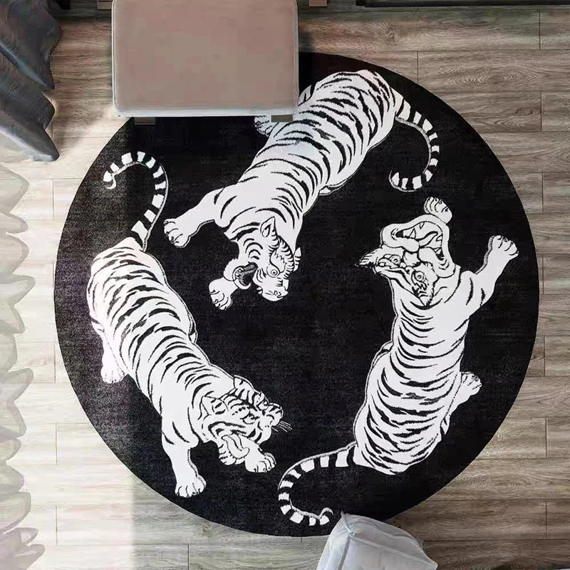 Black and White Tiger Round Carpet – Living Room Rug, Animal Art Mat for Home Decoration and Bedroom