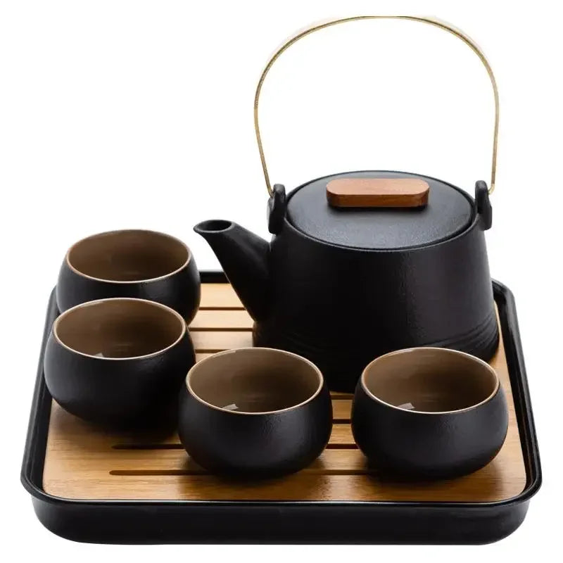 High-Quality Chinese Tea Set – Handheld Black Ceramic Teapot, Kung Fu Tea Set with Purple Sand Charm & Tea Pet